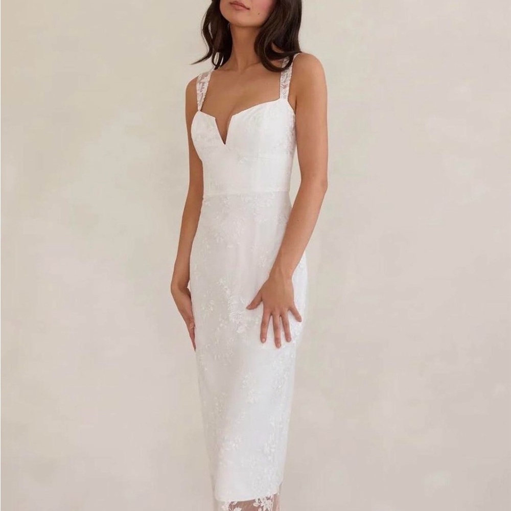 Park & Fifth White Lace-Trim Sheath Midi Wedding Dress